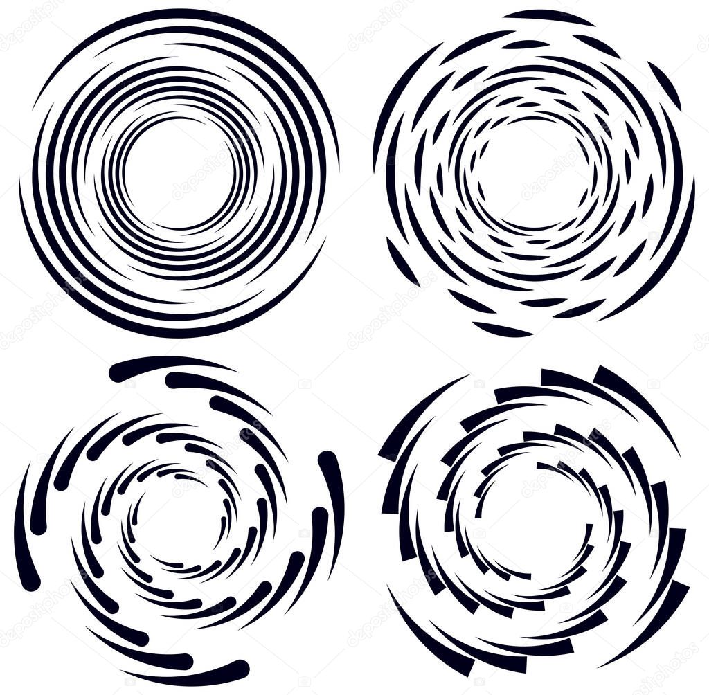 Set of black and white vortex, volute shapes. Twisted helix elements