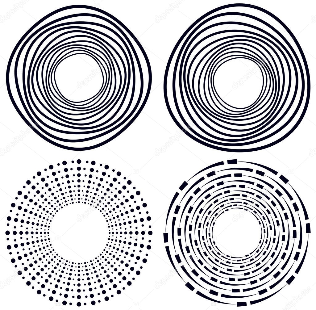 Set of black and white vortex, volute shapes. Twisted helix elements