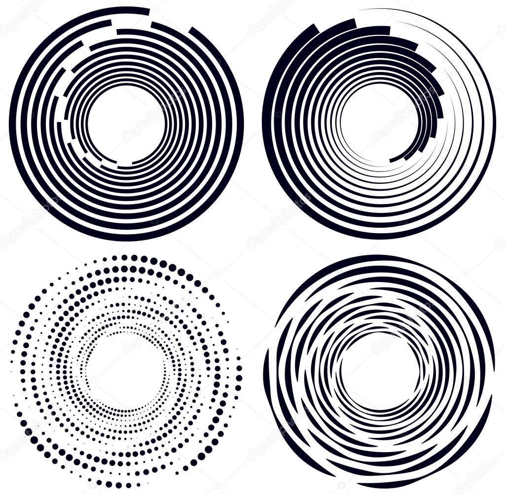 Set of black and white vortex, volute shapes. Twisted helix elements