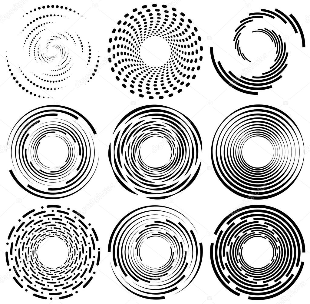 Set of black and white vortex, volute shapes. Twisted helix elements