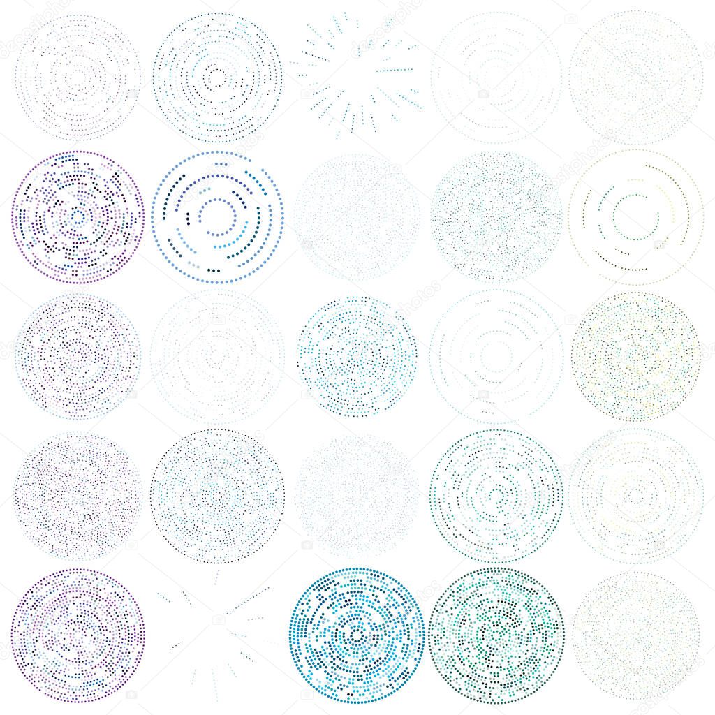 Random dots, circles abstract. Speckles, dotted radial, radiating, circular geometric illustration. Polka-dots, pointillist, pointillism design element