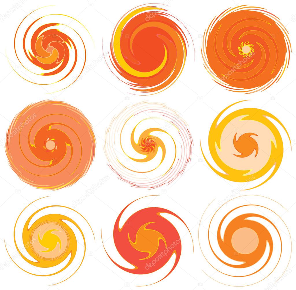 Monochrome abstract spiral, swirl, twirl and vortex shapes