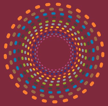 Tek noktalı, çok renkli ve renkli spiral, girdap, dönme elementi. Çarpık döngüsel, dairesel ve dairesel, ışınımlı girdap, renkli arkaplan üzerinde volt şekli, arka plan
