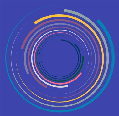 Tek noktalı, çok renkli ve renkli spiral, girdap, dönme elementi. Çarpık döngüsel, dairesel ve dairesel, ışınımlı girdap, renkli arkaplan üzerinde volt şekli, arka plan