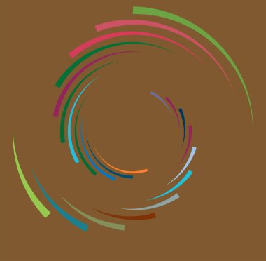 Tek noktalı, çok renkli ve renkli spiral, girdap, dönme elementi. Çarpık döngüsel, dairesel ve dairesel, ışınımlı girdap, renkli arkaplan üzerinde volt şekli, arka plan