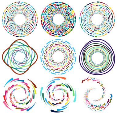 Noktalı, çok renkli ve renkli spiral seti, girdap, kıvrım şekilleri. Girdap, dönme, dönme, bükülme, bükülme efekti ile girdap şekli