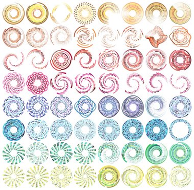 Renkli, çok renkli ve monokrom döngülü bisiklet eşmerkezli halkalar. Dönen spiraller, girdaplar, girdaplar, girdaplar ve girdaplar. soyut dairesel, dairesel döngü şekilleri, elementler