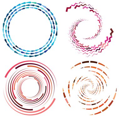 Renkli, çok renkli ve monokrom döngülü bisiklet eşmerkezli halkalar. Dönen spiraller, girdaplar, girdaplar, girdaplar ve girdaplar. soyut dairesel, dairesel döngü şekilleri, elementler