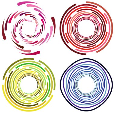 Renkli, çok renkli ve monokrom döngülü bisiklet eşmerkezli halkalar. Dönen spiraller, girdaplar, girdaplar, girdaplar ve girdaplar. soyut dairesel, dairesel döngü şekilleri, elementler