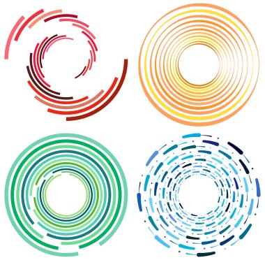 Renkli, çok renkli ve monokrom döngülü bisiklet eşmerkezli halkalar. Dönen spiraller, girdaplar, girdaplar, girdaplar ve girdaplar. soyut dairesel, dairesel döngü şekilleri, elementler