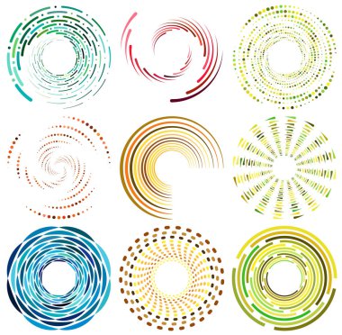 Renkli, çok renkli ve monokrom döngülü bisiklet eşmerkezli halkalar. Dönen spiraller, girdaplar, girdaplar, girdaplar ve girdaplar. soyut dairesel, dairesel döngü şekilleri, elementler