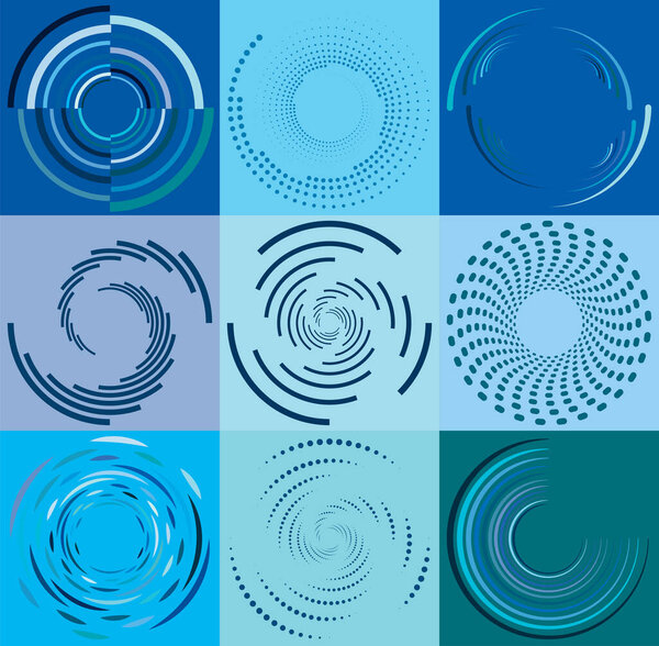 set of colorful, multicolor and monochrome cyclic, cycle concentric rings. revolved spirals, vortexes, whorls. abstract circular, radial loop shapes, elements over colored backdrop, background