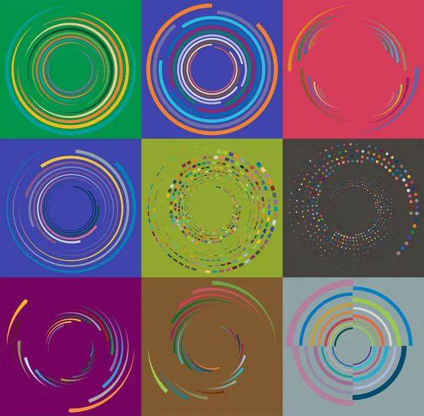 Set Mottled Multi Color Colorful Spiral Swirl Twirl Shapes Vortex — Stock Vector