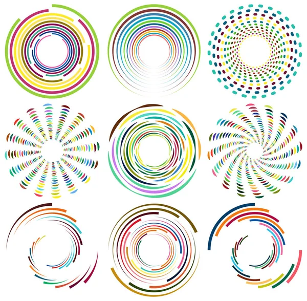 Set Mottled Multi Color Colorful Spiral Swirl Twirl Shapes Vortex — Stock Vector