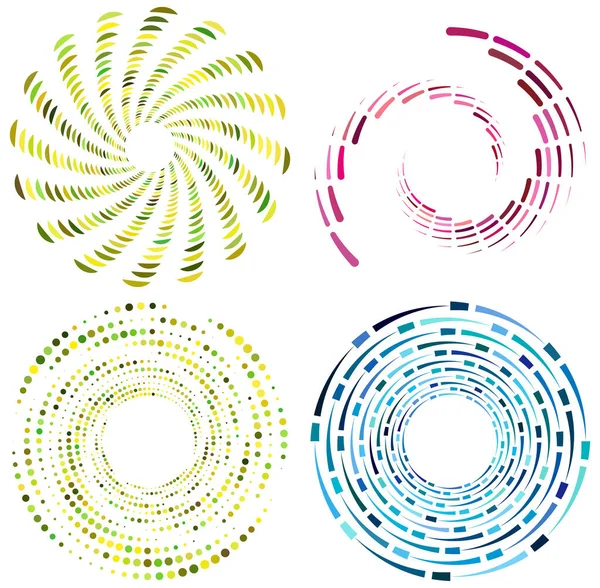 Набор Красочных Разноцветных Монохромных Циклических Цикличных Концентрических Колец Вращающиеся Спирали — стоковый вектор