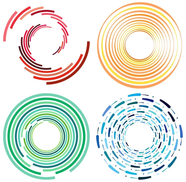Set Colorful Multicolor Monochrome Cyclic Cycle Concentric Rings Revolved Spirals — Stock Vector