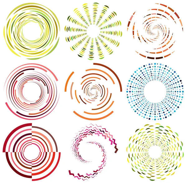 Набор Красочных Разноцветных Монохромных Циклических Цикличных Концентрических Колец Вращающиеся Спирали — стоковый вектор