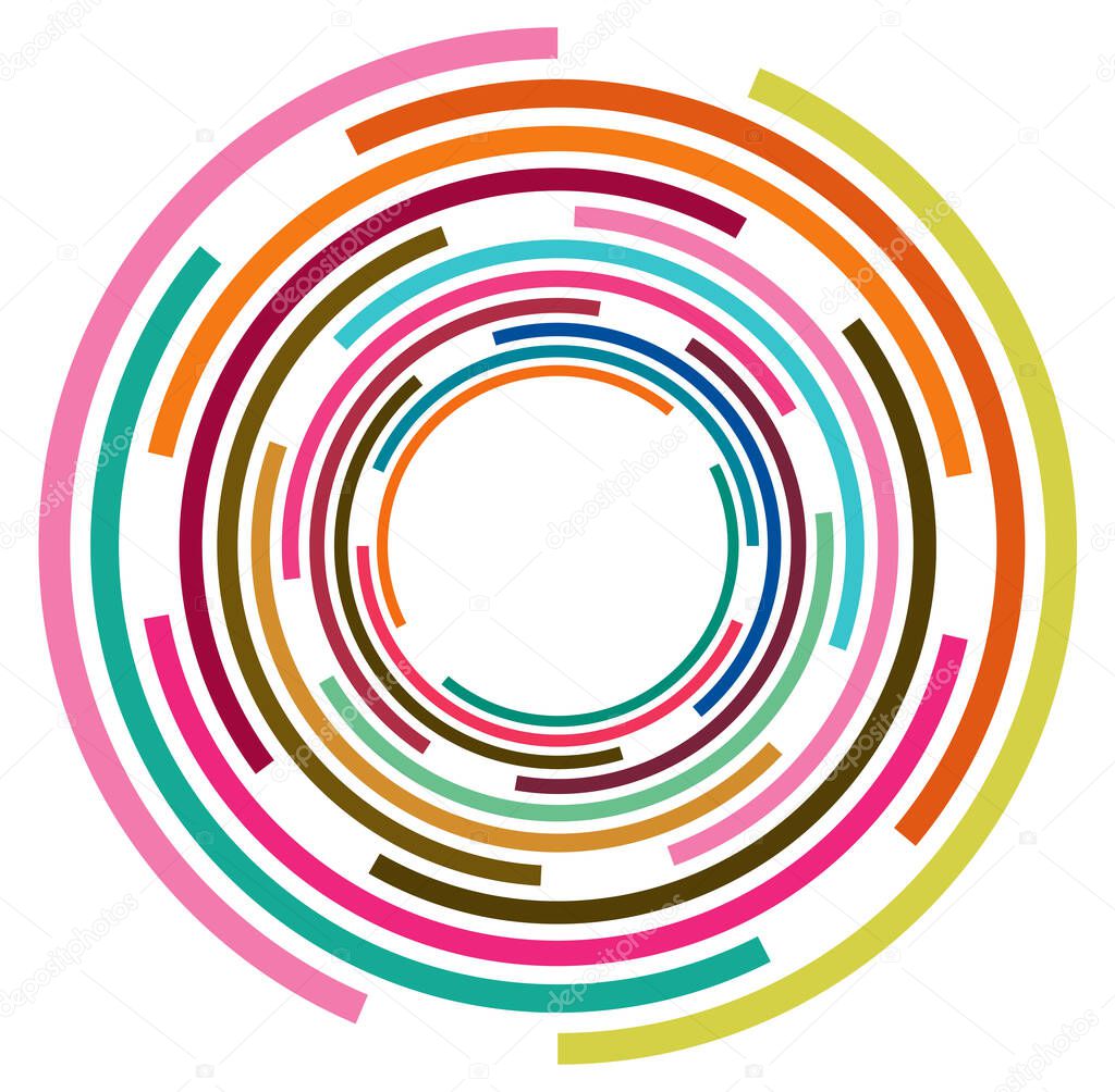 Single mottled, multi-color and colorful spiral, swirl, twirl element. Twisted cyclic, circular and radial, radiating whorl, volute shape