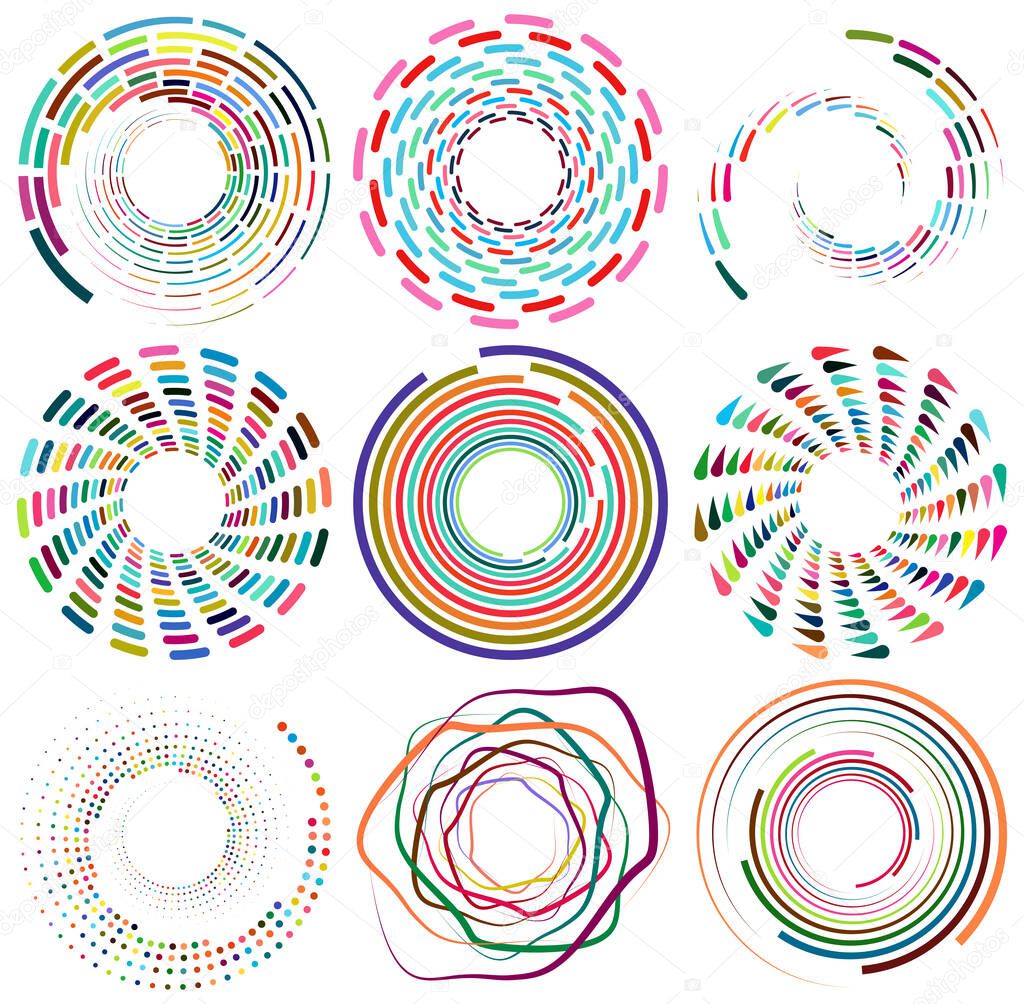 Set of mottled, multi color and colorful spiral, swirl, twirl shapes. Vortex, whorl shape with rotation, spin, coiling distortion effect