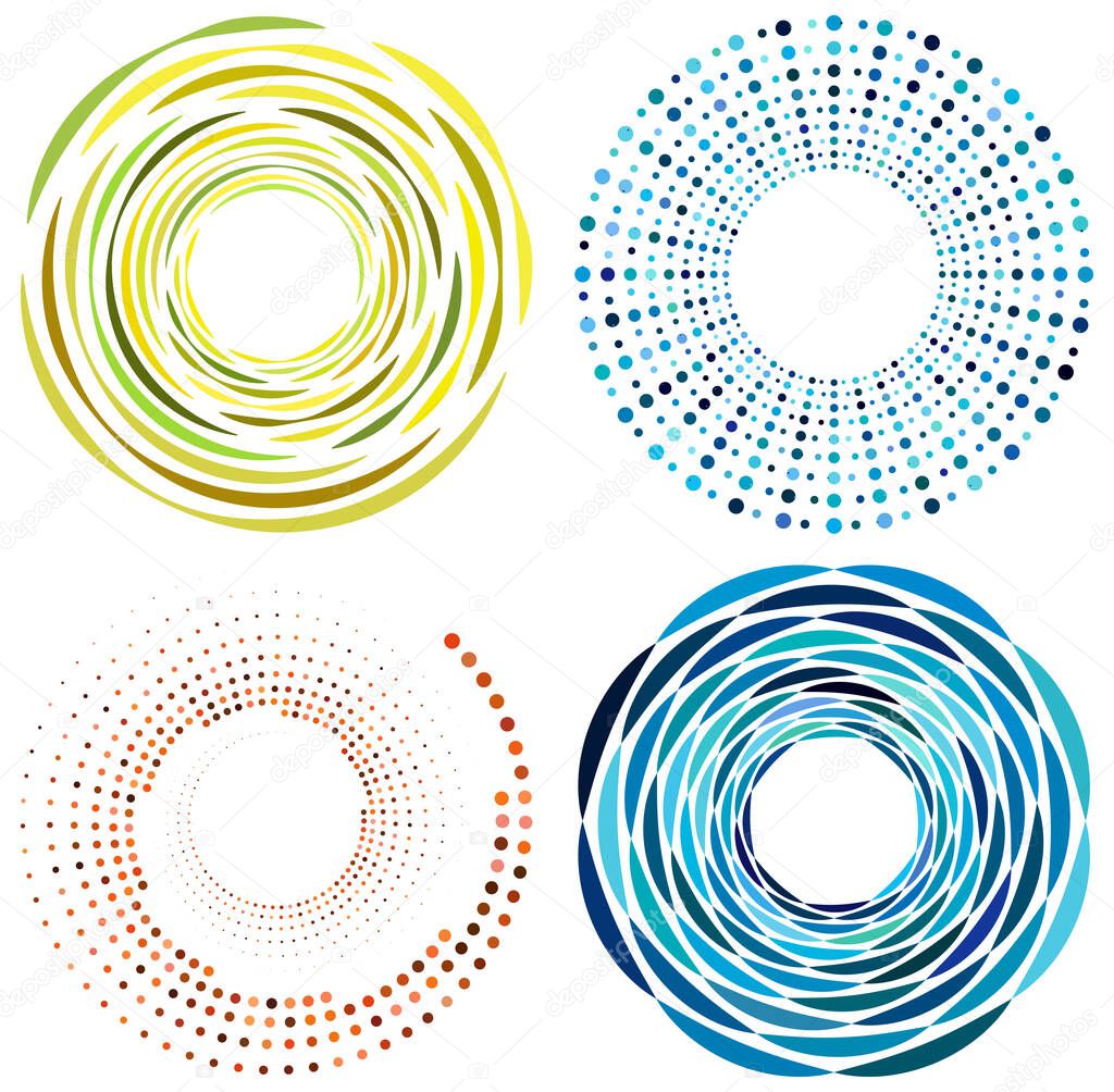 set of colorful, multicolor and monochrome cyclic, cycle concentric rings. revolved spirals, vortexes, swirl, spirals and twirls. abstract circular, radial loop shapes, elements