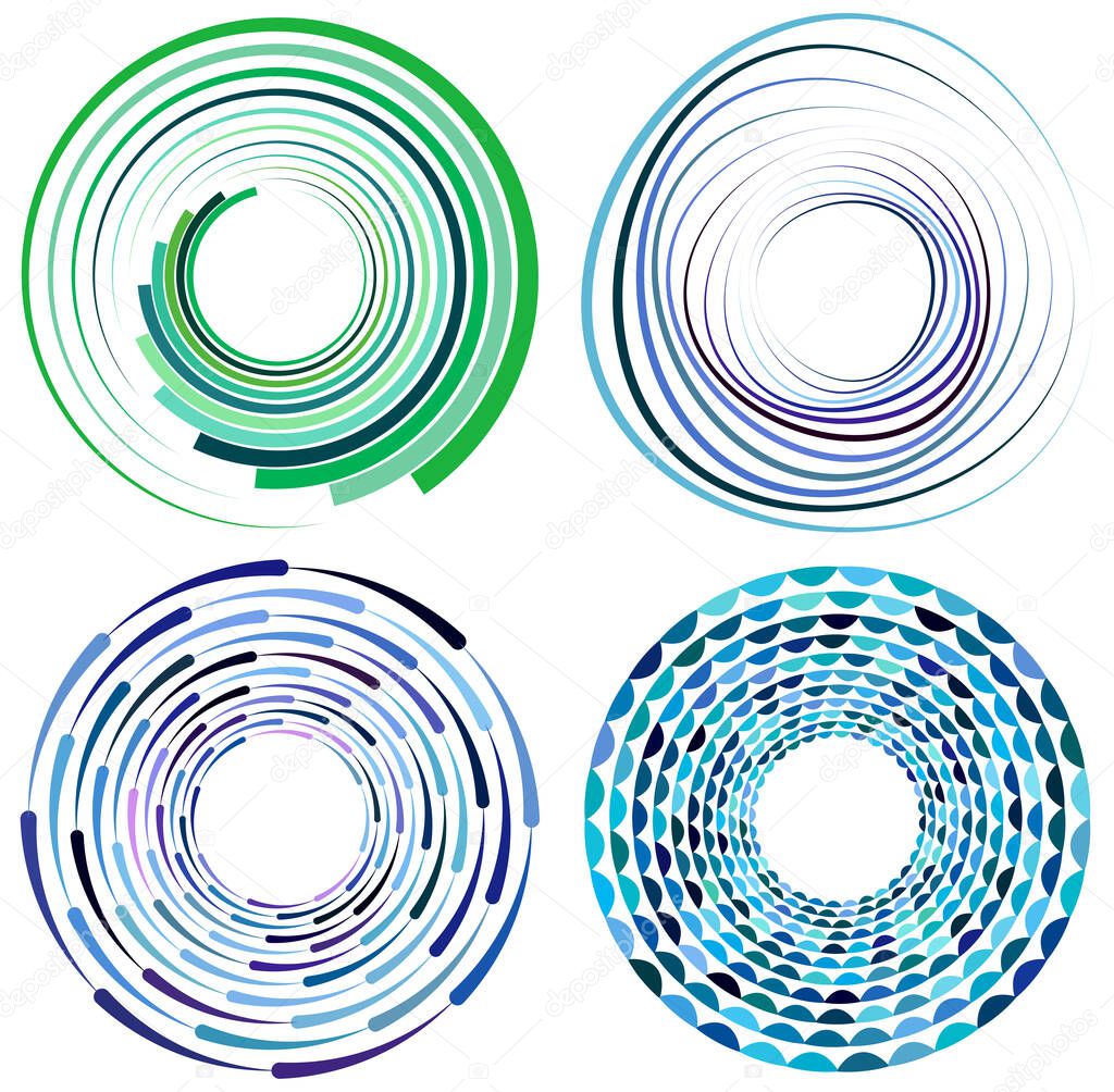 set of colorful, multicolor and monochrome cyclic, cycle concentric rings. revolved spirals, vortexes, swirl, spirals and twirls. abstract circular, radial loop shapes, elements