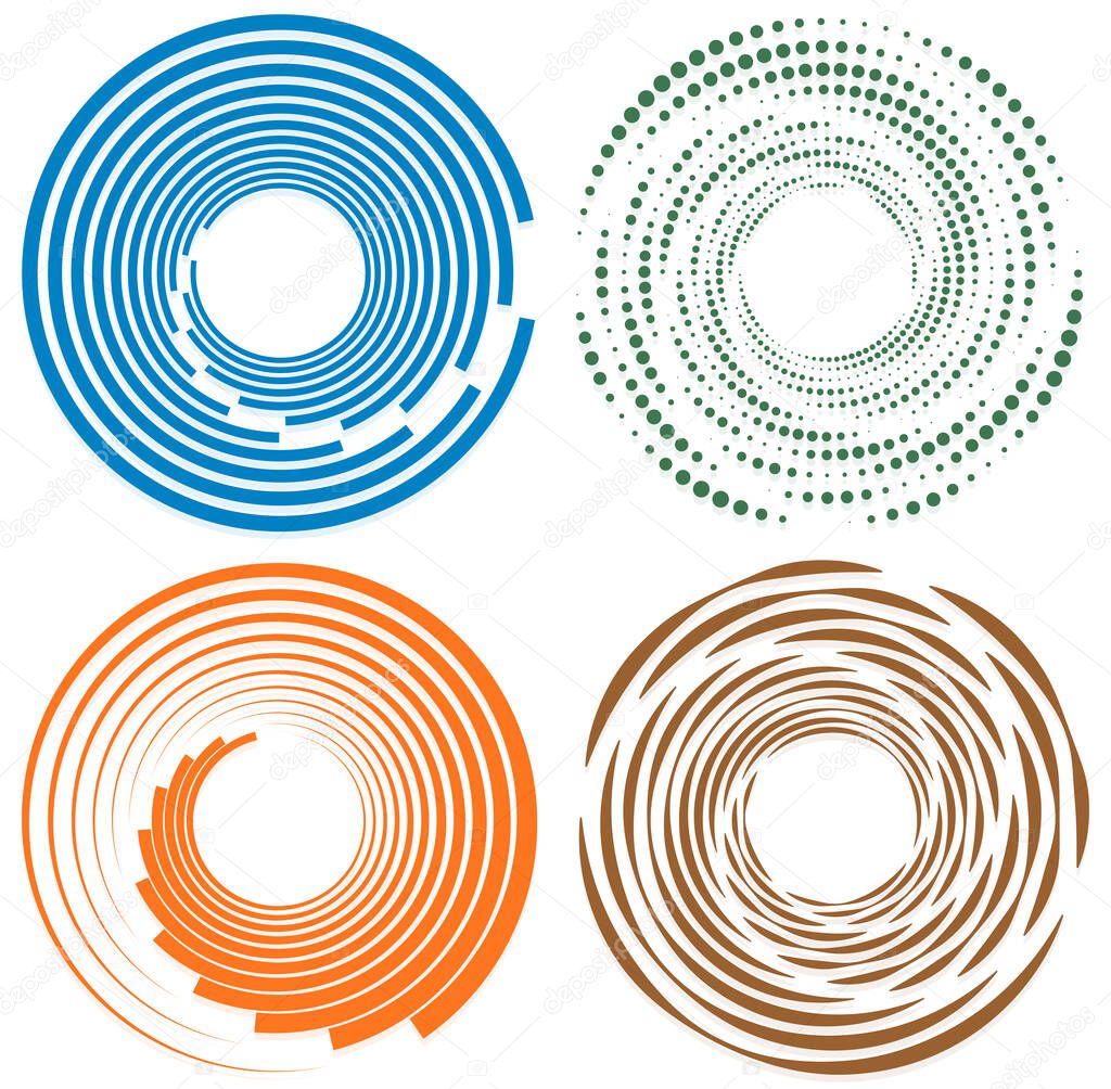 Set of single-colored,monochrome twirl, swirl. Shape with rotation, spin, spiral distortion. Helix, volute and twine design element