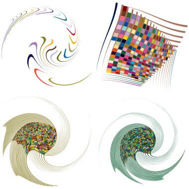 Noktalı, çok renkli ve renkli spiral seti, girdap, kıvrım şekilleri. Girdap, dönme, dönme, bükülme, bükülme efekti ile girdap şekli