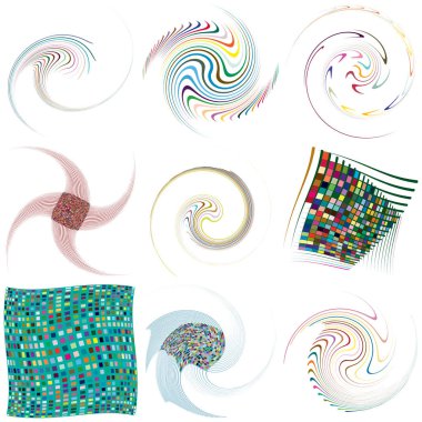 Noktalı, çok renkli ve renkli spiral seti, girdap, kıvrım şekilleri. Girdap, dönme, dönme, bükülme, bükülme efekti ile girdap şekli