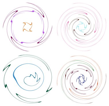 Noktalı, çok renkli ve renkli spiral seti, girdap, kıvrım şekilleri. Girdap, dönme, dönme, bükülme, bükülme efekti ile girdap şekli