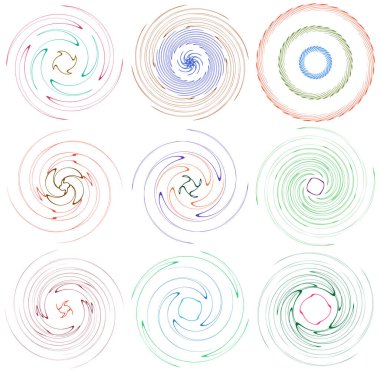 Noktalı, çok renkli ve renkli spiral seti, girdap, kıvrım şekilleri. Girdap, dönme, dönme, bükülme, bükülme efekti ile girdap şekli