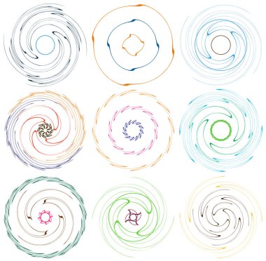 Noktalı, çok renkli ve renkli spiral seti, girdap, kıvrım şekilleri. Girdap, dönme, dönme, bükülme, bükülme efekti ile girdap şekli