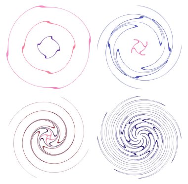 set of colorful, multicolor and monochrome cyclic, cycle concentric rings. revolved spirals, vortexes, swirl, spirals and twirls. abstract circular, radial loop shapes, elements clipart