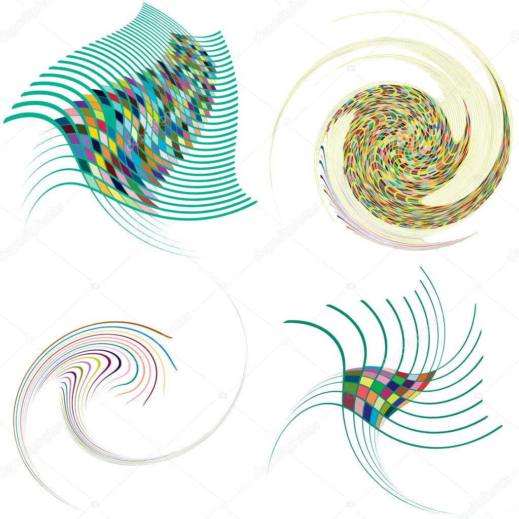 Set of mottled, multi color and colorful spiral, swirl, twirl shapes. Vortex, whorl shape with rotation, spin, coiling distortion effect