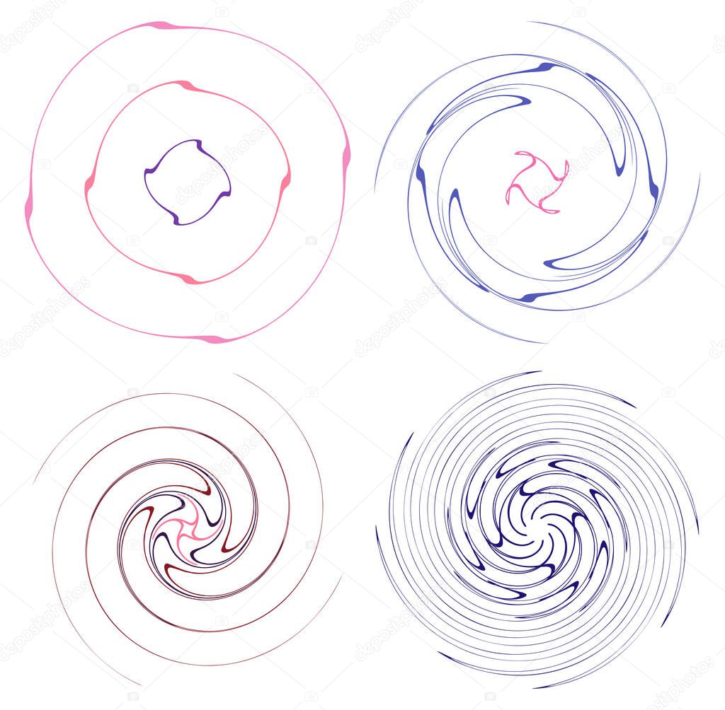 set of colorful, multicolor and monochrome cyclic, cycle concentric rings. revolved spirals, vortexes, swirl, spirals and twirls. abstract circular, radial loop shapes, elements