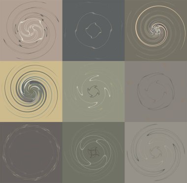 Renkli, çok renkli ve monokrom döngülü bisiklet eşmerkezli halkalar. Dönen spiraller, girdaplar, girdaplar. soyut dairesel, dairesel döngü şekilleri, renkli arkaplan üzerindeki elementler, arkaplan