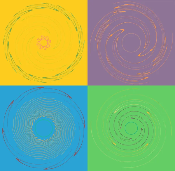 マルチカラーとカラフルなスパイラル 二重形状のセット 色の背景に回転 スピン コイル状の歪み効果を持つ渦の形状 — ストックベクタ