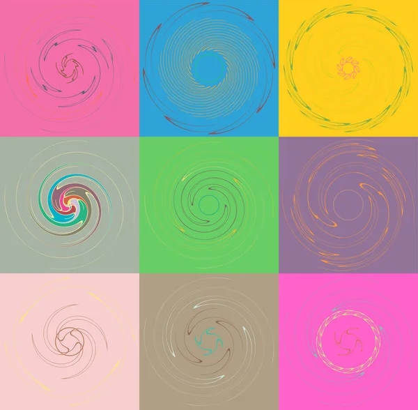 Ensemble Spirale Marbrée Multicolore Colorée Tourbillonnant Tourbillonnant Vortex Forme Verticille — Image vectorielle