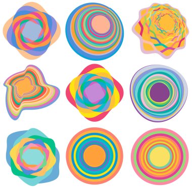 Kremalı, pastel lekeli, rengarenk, çok renkli, farklı şekillerde döngüsel halkalar. dönen spiraller, girdaplar, girdaplar ve girdaplar. soyut dairesel, dairesel döngü şekilleri, elementler