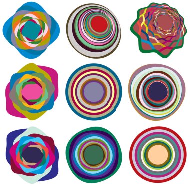 Noktalı, çok renkli ve renkli spiral seti, girdap, kıvrım şekilleri. Girdap, dönme, dönme, bükülme, bükülme efekti ile girdap şekli