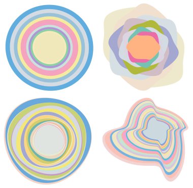Kremalı, pastel lekeli, rengarenk, çok renkli, farklı şekillerde döngüsel halkalar. dönen spiraller, girdaplar, girdaplar ve girdaplar. soyut dairesel, dairesel döngü şekilleri, elementler