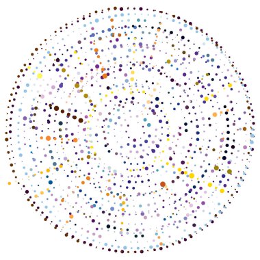 Rastgele noktalar, çemberler soyut. Benekler, noktalı radyal, yayılan, dairesel geometrik çizimler. Puantiye, nokta listesi, noktalama tasarım elementi