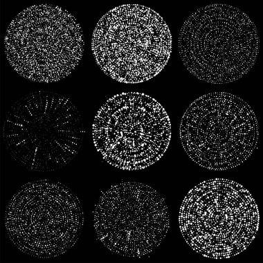 Rastgele noktalar, çemberler soyut. Benekler, noktalı radyal, yayılan, dairesel geometrik çizimler. Puantiye, nokta listesi, noktalama tasarım elementi