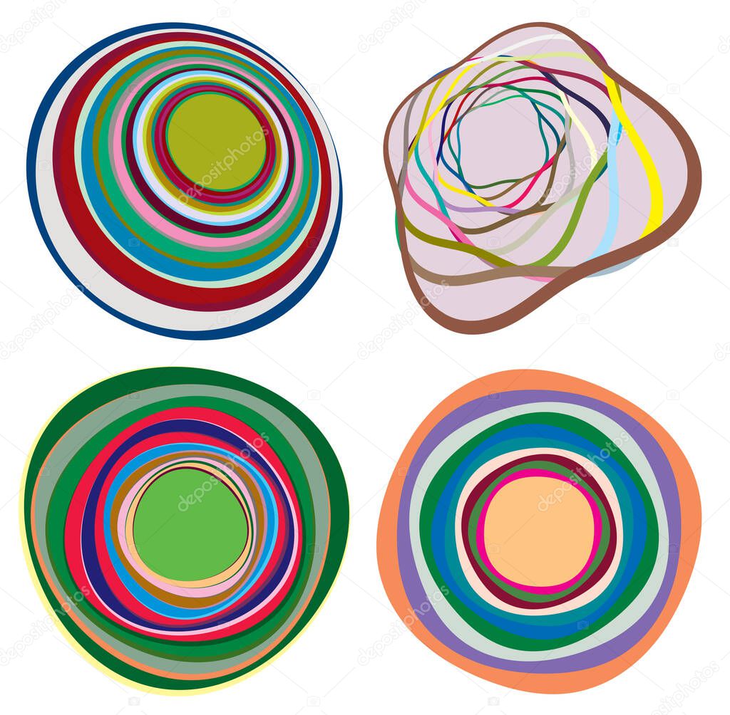Set of mottled, multi color and colorful spiral, swirl, twirl shapes. Vortex, whorl shape with rotation, spin, coiling distortion effect