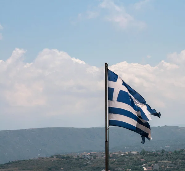 Bandera griega en el castillo de Rethymno, Creta, Grecia —  Fotos de Stock