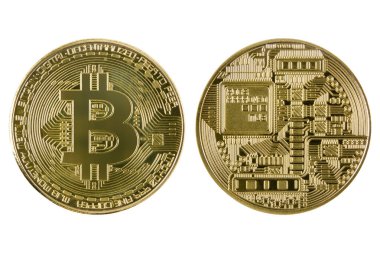 Beyaz arka planda izole edilmiş bir bitcoin 'in önü ve arkası. Altın para şeklinde kripto para.