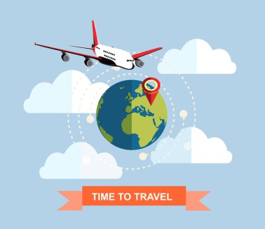 Hava yolu ile modern düz tasarım web simgesi ve bulutlu dünya