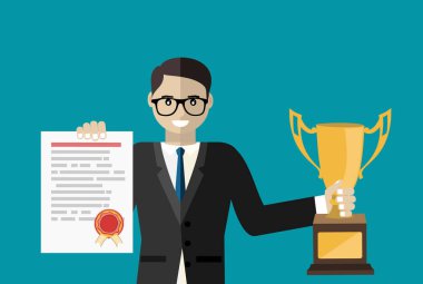 Profesyonel sertifika, iş eğitimi kavramları. Diploması ve altın kupası olan takım elbiseli mutlu adam. Düz tasarım vektör çizimi