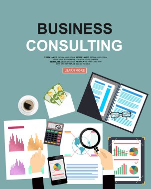 İş danışmanlığı düz çizim seti. Web siteleri, web afişi, basılı materyaller ve bilgi grafikleri için yaratıcı düz tasarım öğeleri ve kavramları. Modern vektör illüstrasyonu