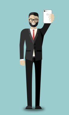 Mutlu genç bir iş adamı, zafer jesti yaparak özçekim yapıyor, Vector düz tasarım çizimi yapıyor. Dikey yerleşim.