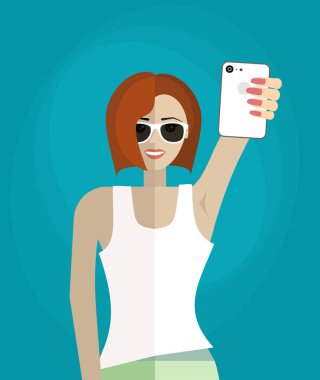Mutlu genç bir kadın selfie vektör düz tasarım çizimi yapıyor. Dikey yerleşim.
